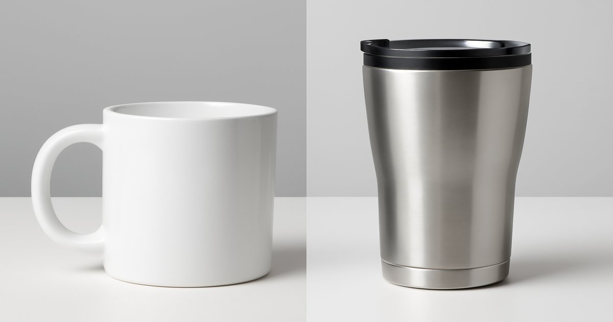 Ceramic coffee mug next to insulated stainless steel coffee tumbler