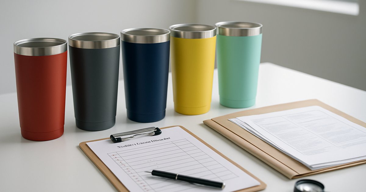 Powder coated stainless steel tumblers on an inspection table next to a factory audit checklist and certificate file
