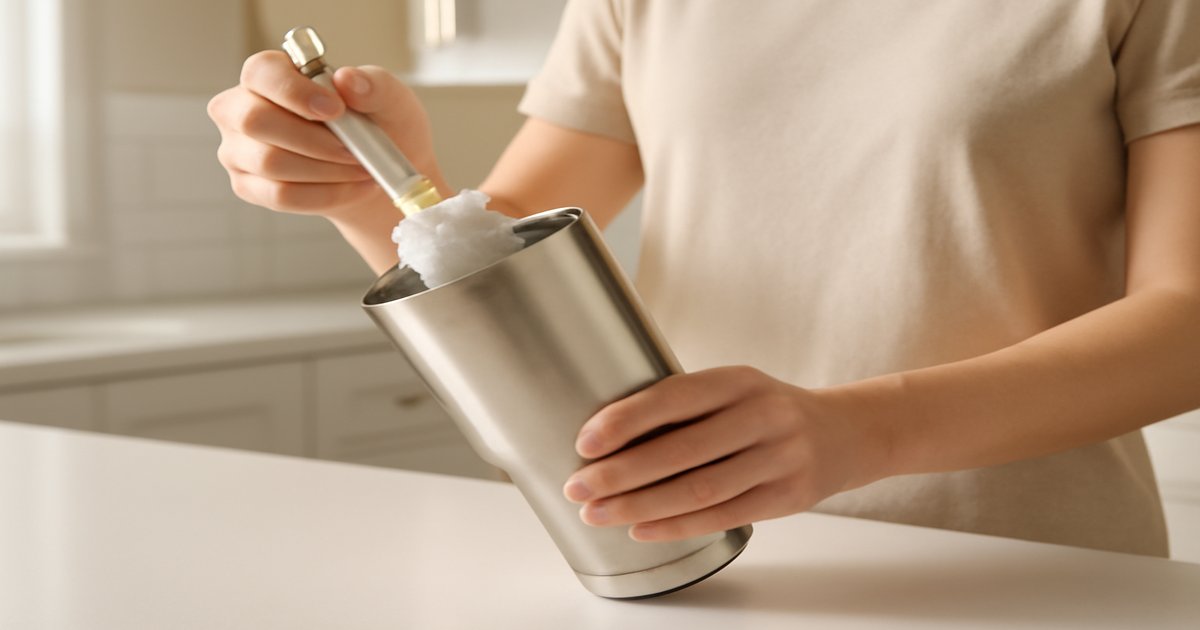 Cleaning a stainless steel tumbler with baking soda and warm water