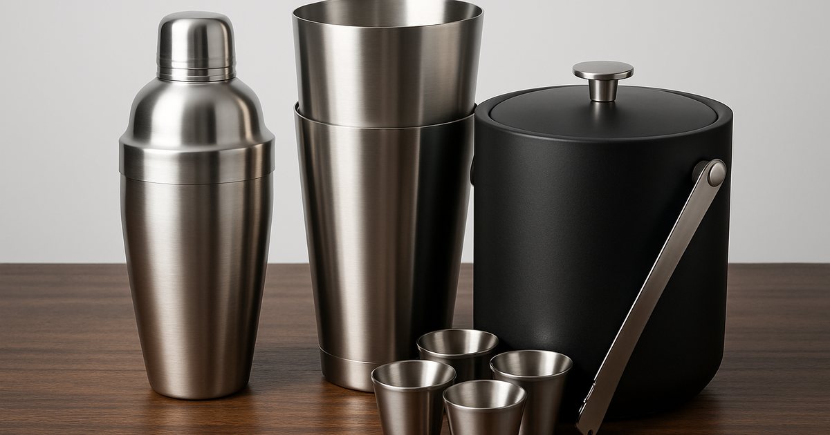Stainless steel cocktail shaker set, insulated ice bucket and shot cups for wholesale barware buyers
