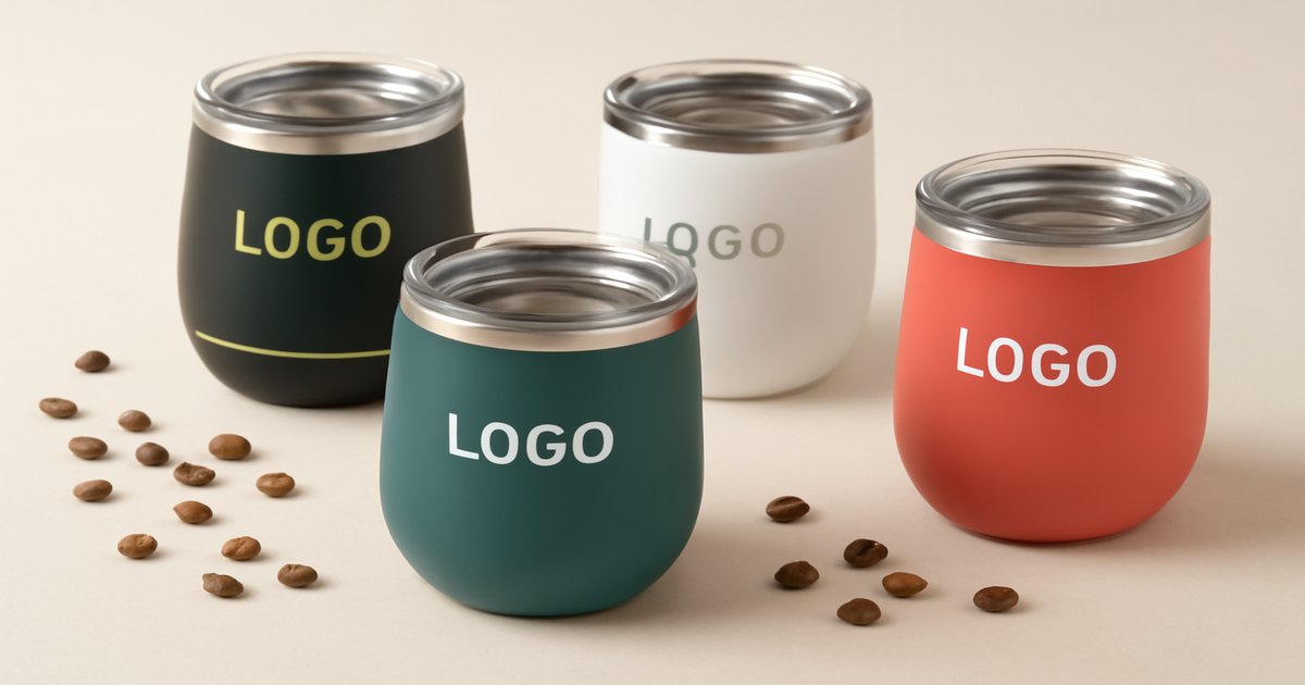 Custom coffee cups and mugs with company logos in various styles