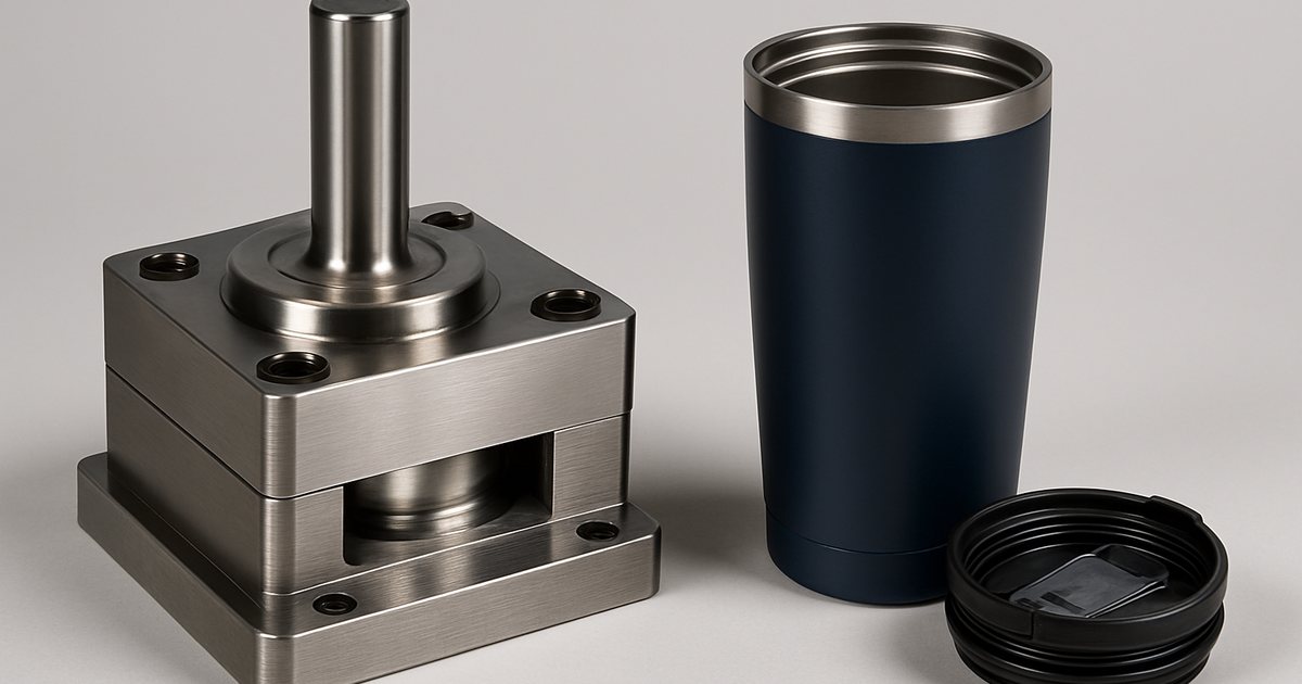 Deep-draw die set and lid injection mold used to produce a custom stainless steel vacuum tumbler body