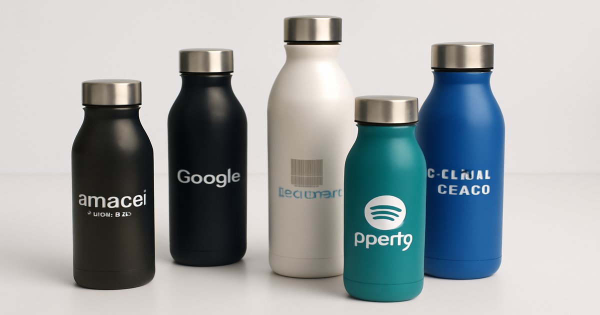 Custom water bottles with company logos in various sizes and colors