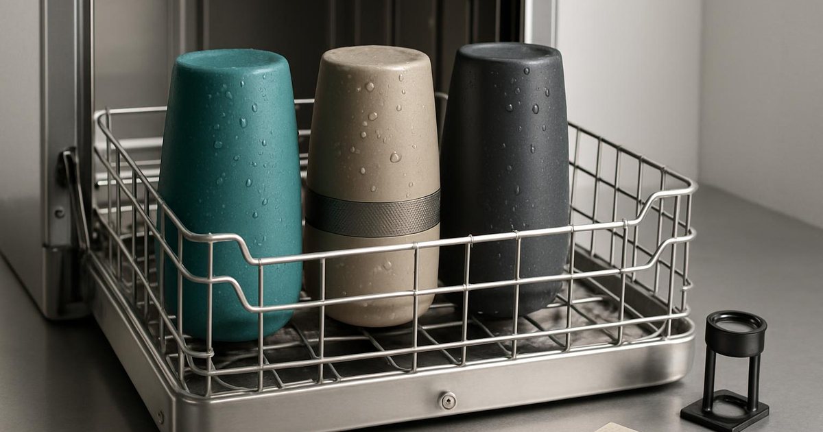 Powder-coated vacuum insulated tumblers upside down in a stainless dishwasher rack beside an inspection loupe, illustrating dishwasher-safe testing for private label drinkware