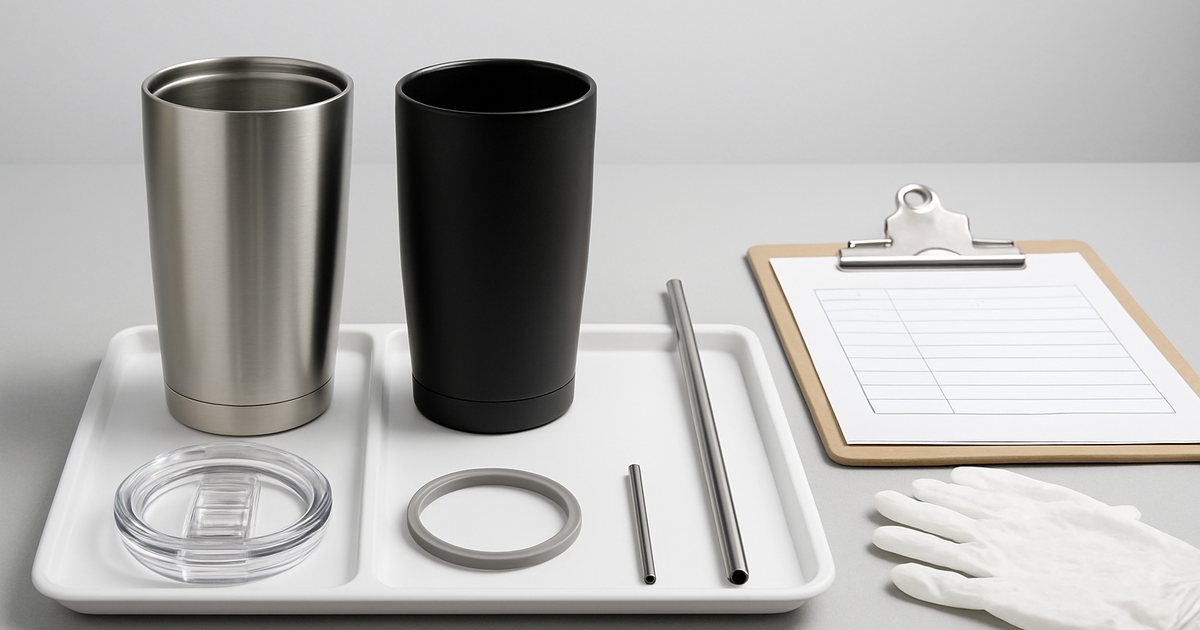 Stainless steel tumbler components laid out for food contact migration testing in a laboratory