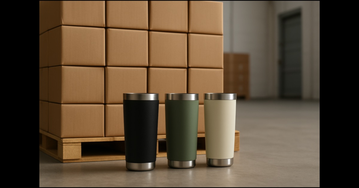Export cartons of stainless steel insulated tumblers on a pallet ready for FOB Ningbo shipment
