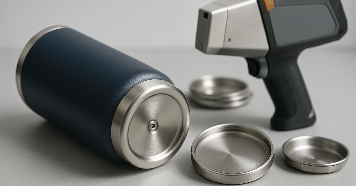 Navy powder-coated vacuum tumbler with base cap removed showing the vacuum sealing point, beside stainless base caps and a handheld XRF analyzer used to test for lead
