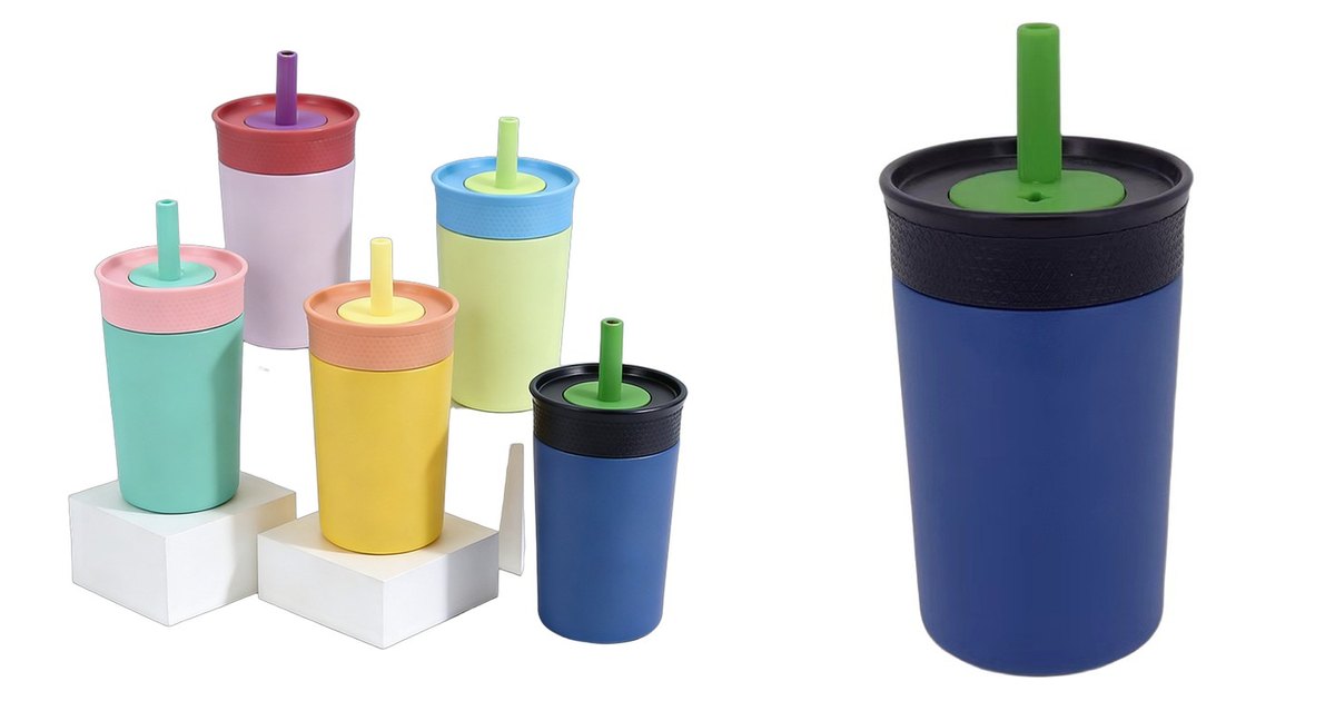 Leak-proof insulated kids straw cups with silicone straws and textured grip lids in five colours