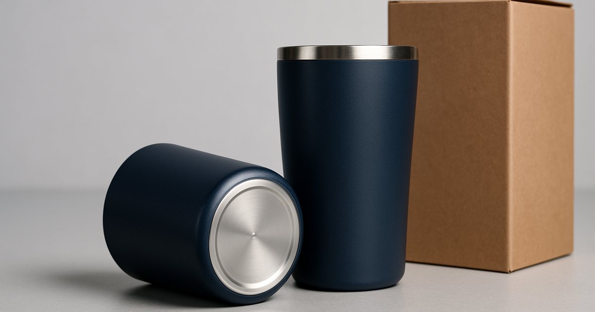 Navy powder-coated stainless steel tumbler lying on its side to show the flat stainless base where the country of origin is laser-marked, next to an upright tumbler and a kraft retail box