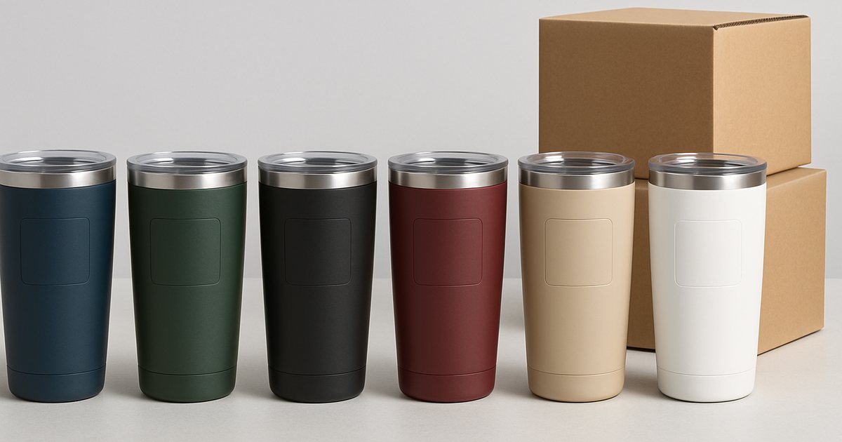 Powder coated promotional tumblers in six corporate colors with blank logo areas, ready for distributor branding