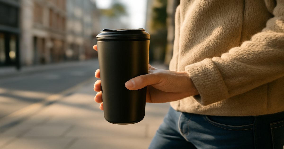 Reusable insulated coffee cups replacing disposable cups at a coffee shop