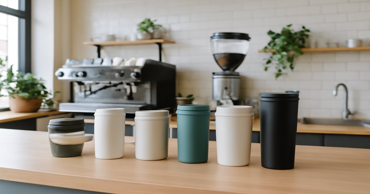 Reusable coffee cups at a cafe counter