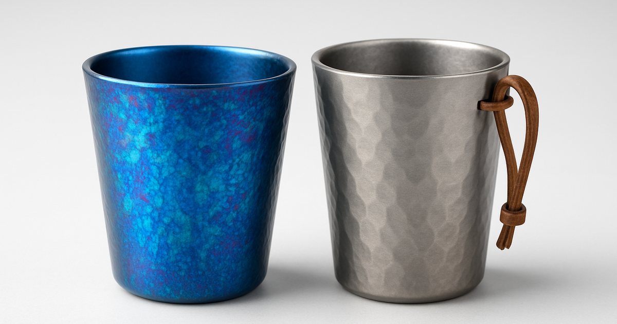 Grade 1 pure titanium vacuum flask in colorful crystalline spray finish next to a hammered titanium flask with leather sleeve, factory sample units