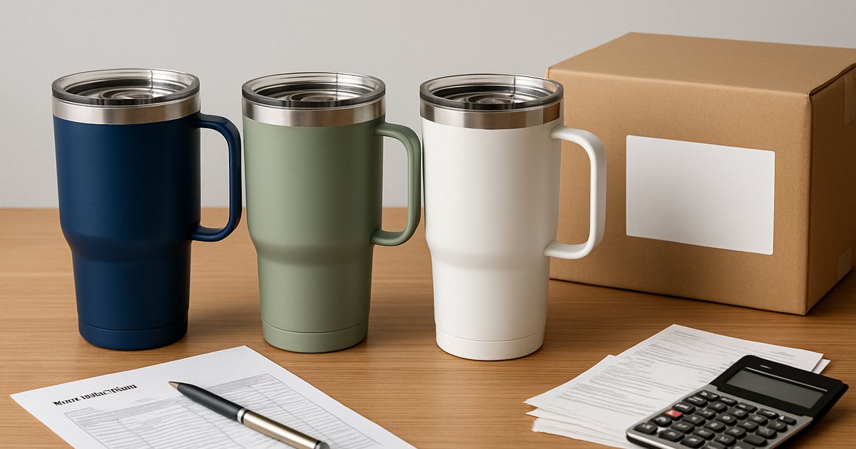 Three powder-coated stainless steel tumblers with handles in navy, sage and white beside a purchase order, invoices, a calculator and a shipping carton