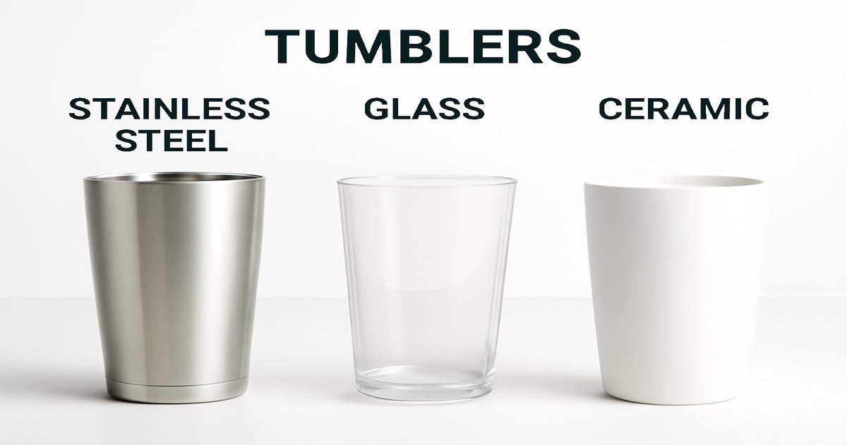 Glass tumbler, stainless steel tumbler, and ceramic tumbler side by side