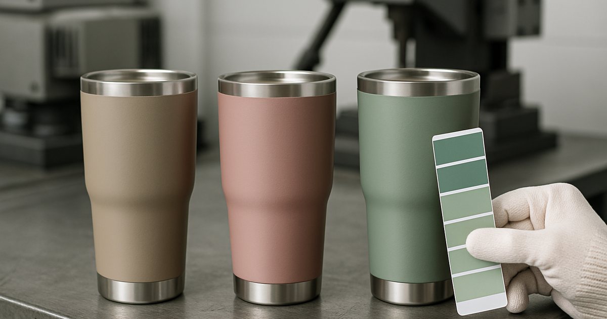 Factory quality control technician comparing powder-coated tumbler samples against a Pantone color swatch before golden sample approval