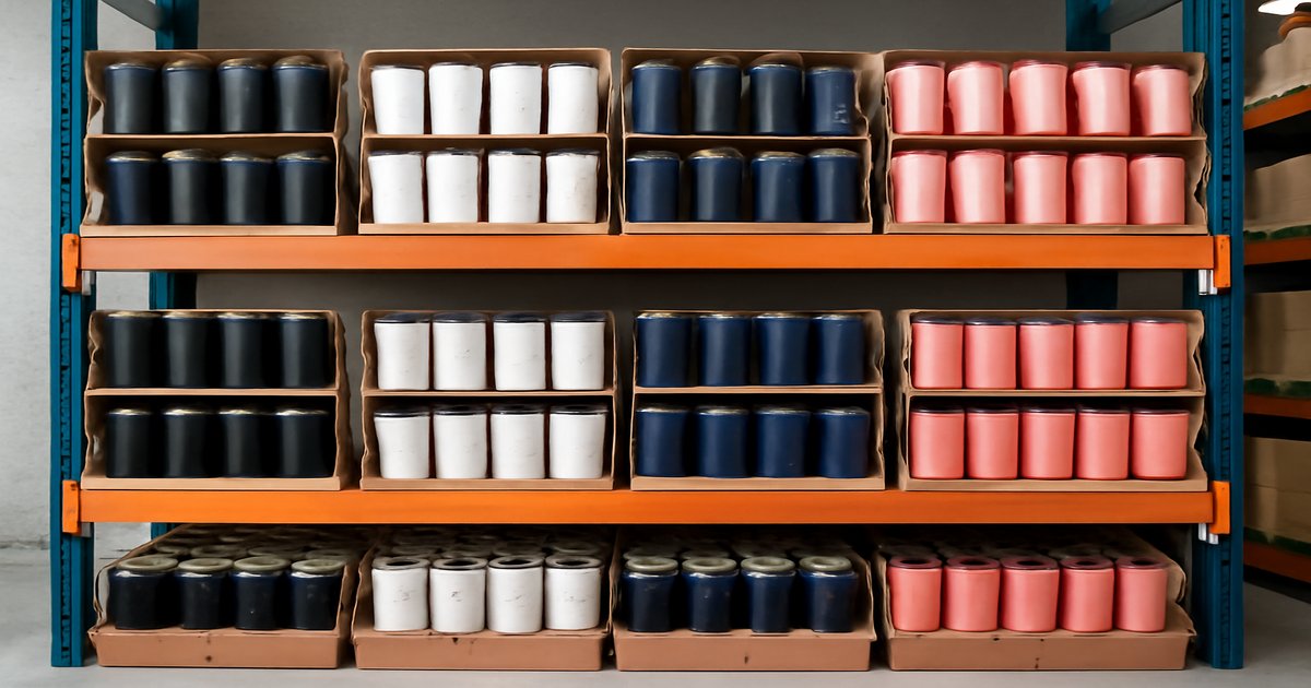 Powder coated tumblers in multiple colors arranged for wholesale display