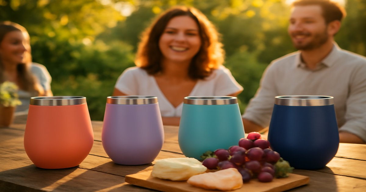 People using insulated wine tumblers at an outdoor gathering