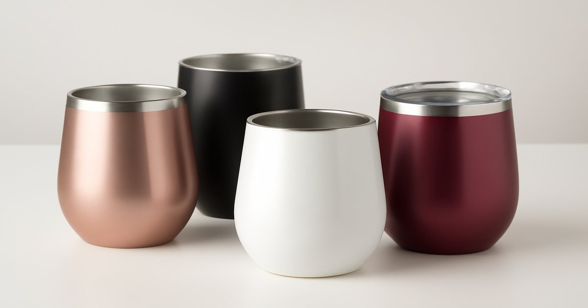 Insulated stainless steel wine tumblers in various colors with wine being poured