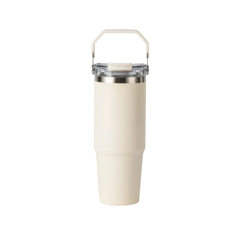 White powder coated tumbler with laser engraved logo — premium branding