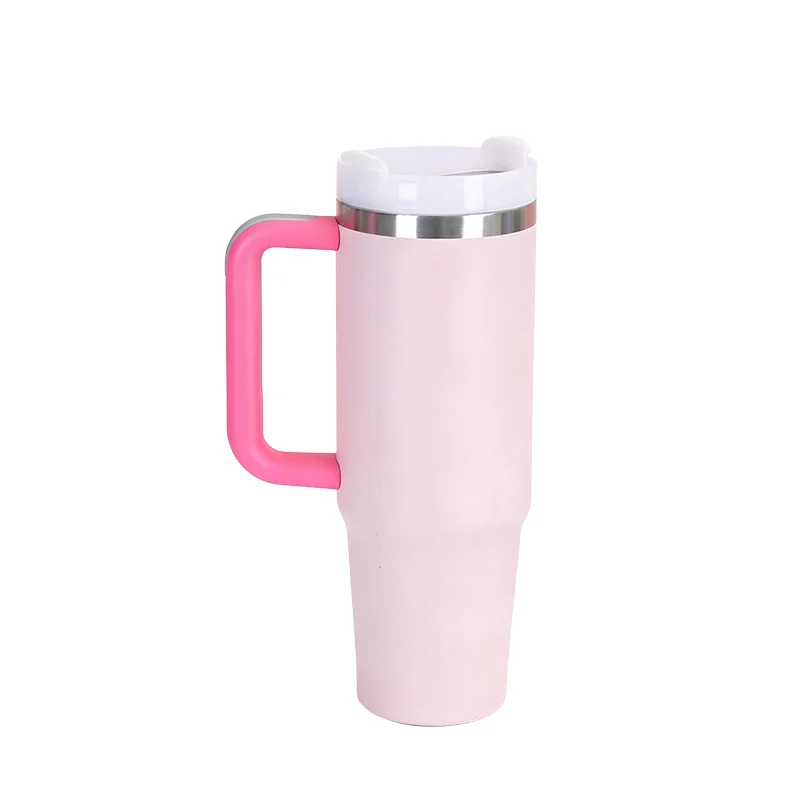40oz handle ice tumbler in matte black powder coat, a stainless vacuum tumbler with a covered base sealing point