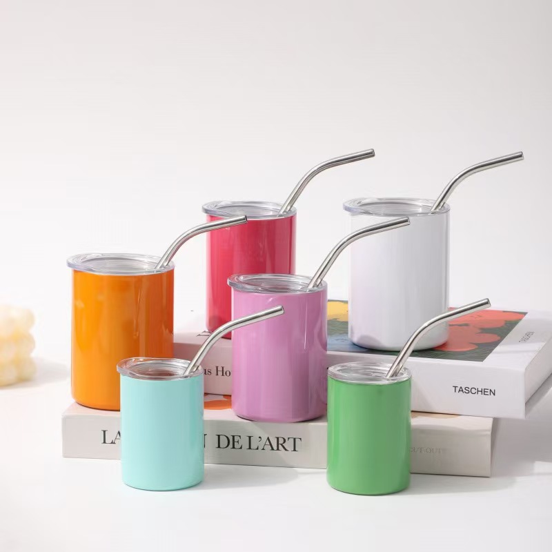Six pastel-colored egg-shaped insulated wine tumblers with stainless steel straws