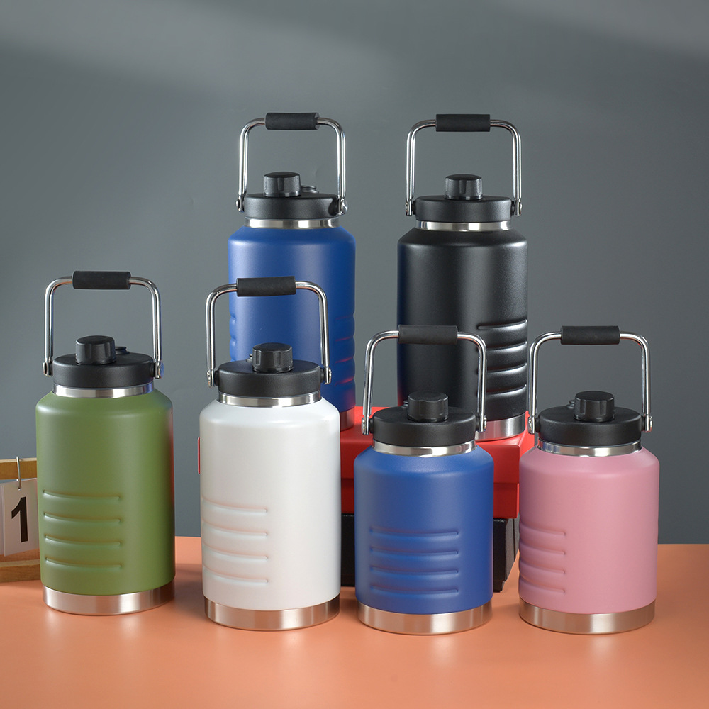 Insulated vacuum jugs in several sizes, each sealed at the base the same way as a tumbler