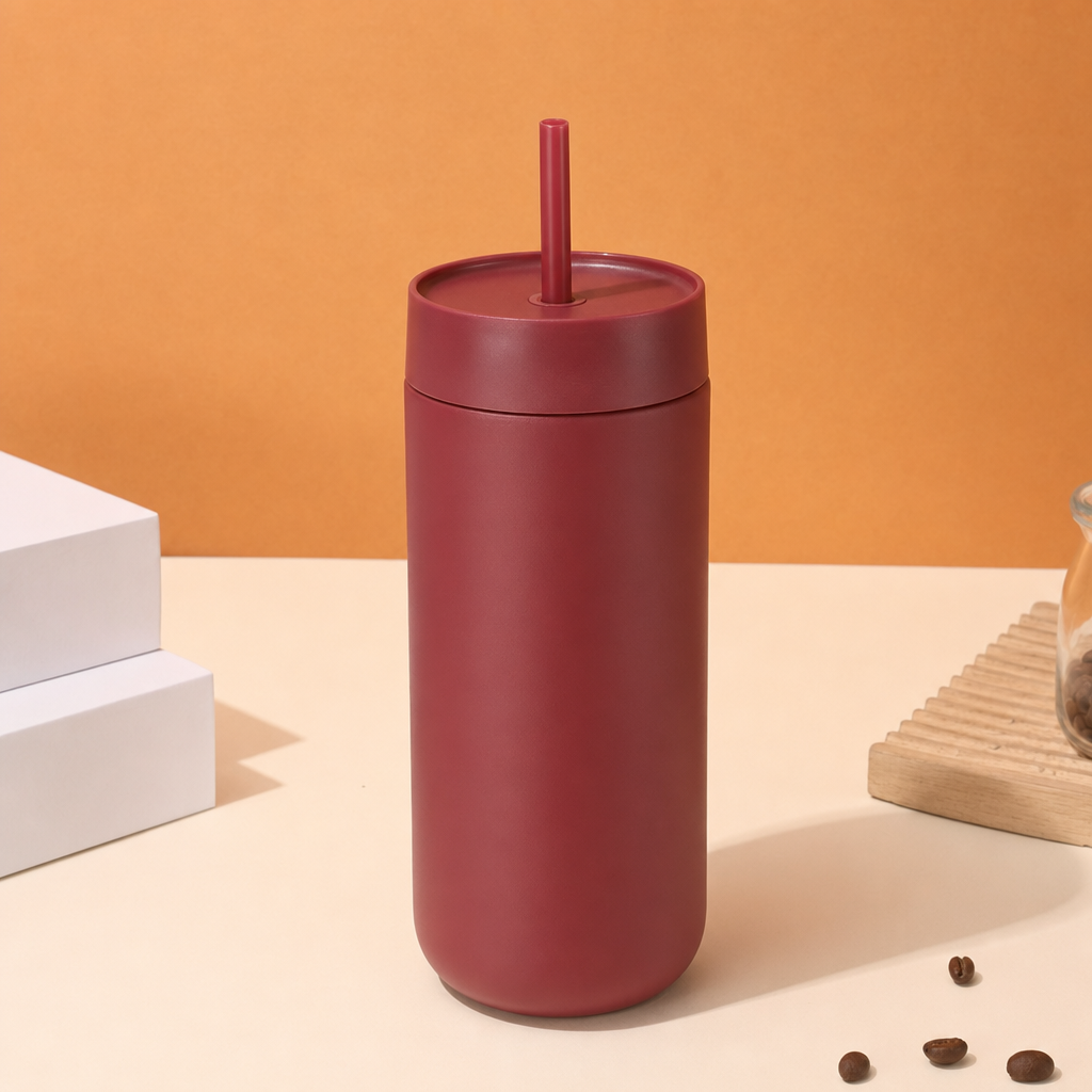 Matte red 16oz insulated straw tumbler with premium soft-touch powder coating